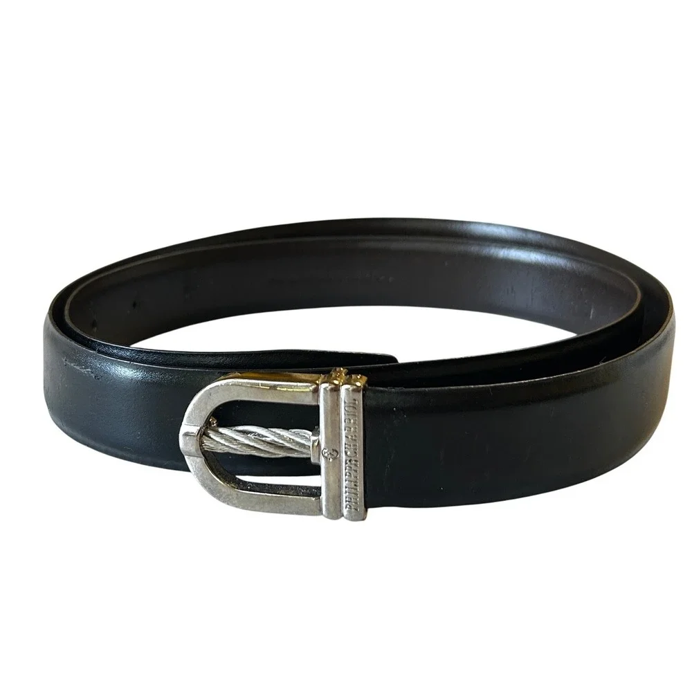 Philippe‎ Charriol Leather Belt 46/117 Black Silver Twisted Cable Buckle